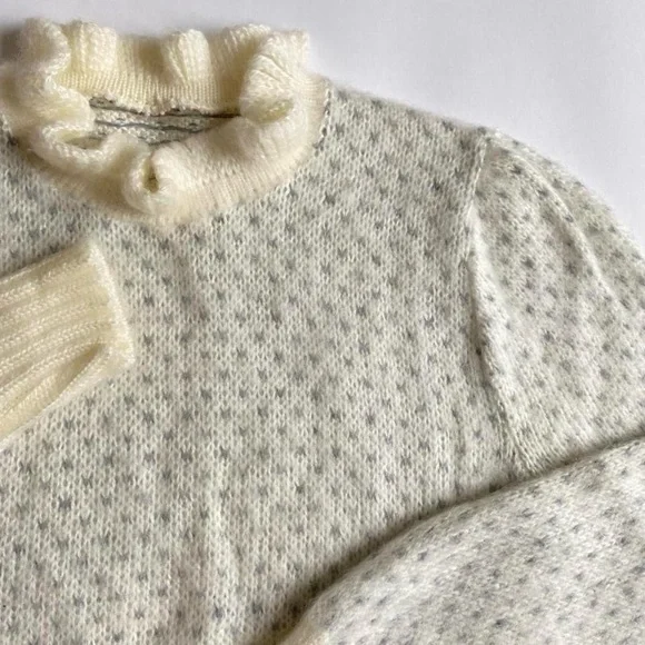 Vintage ivory & gray fuzzy ruffle neck sweater - Picture 3 of 8